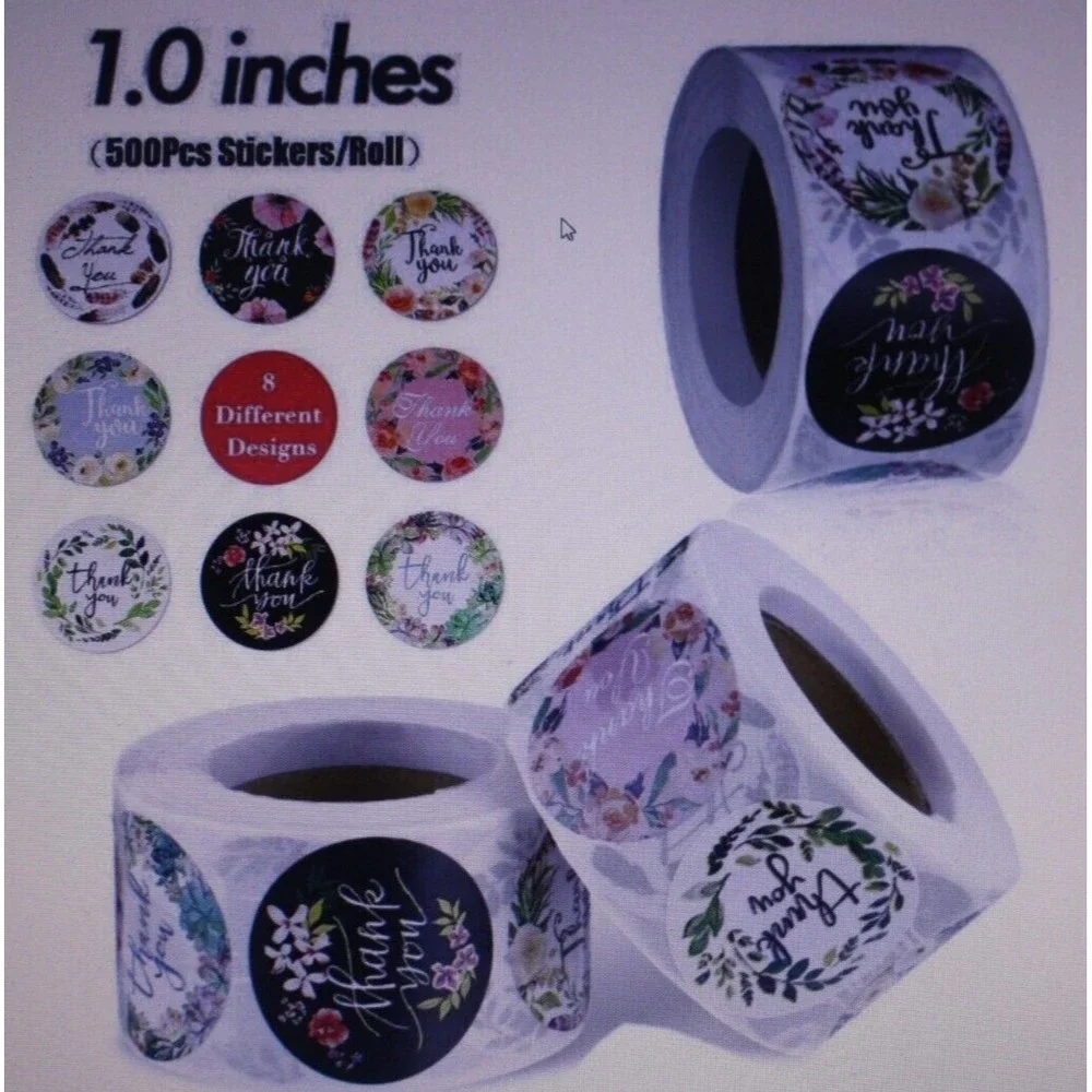 500 Pcs 1 inch Assorted Floral Thank You Stickers Round Sealing & Shipping NIP